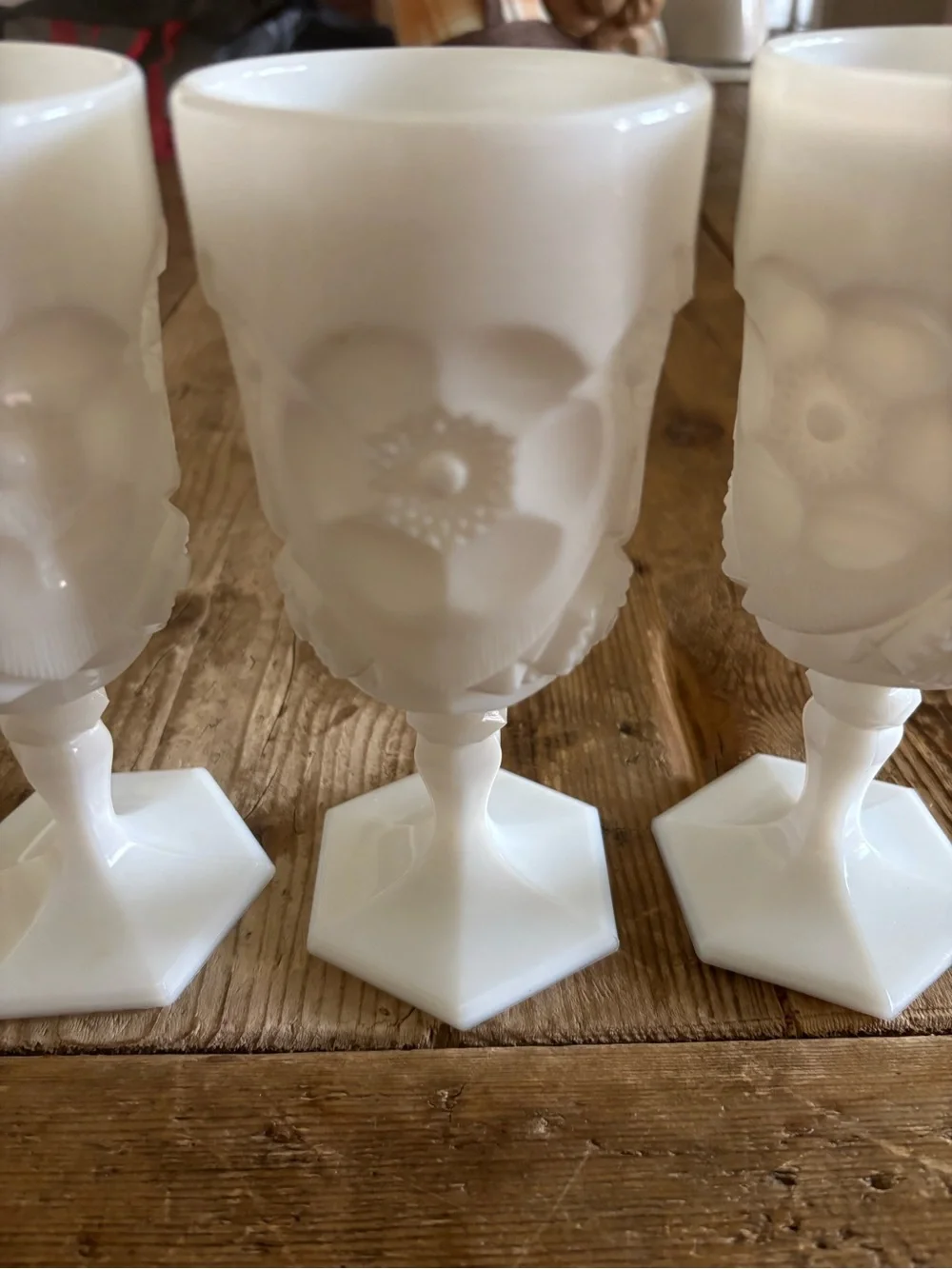 Rare Lot (3) MCM Westmoreland Milk Glass Goblets Hexagon Base